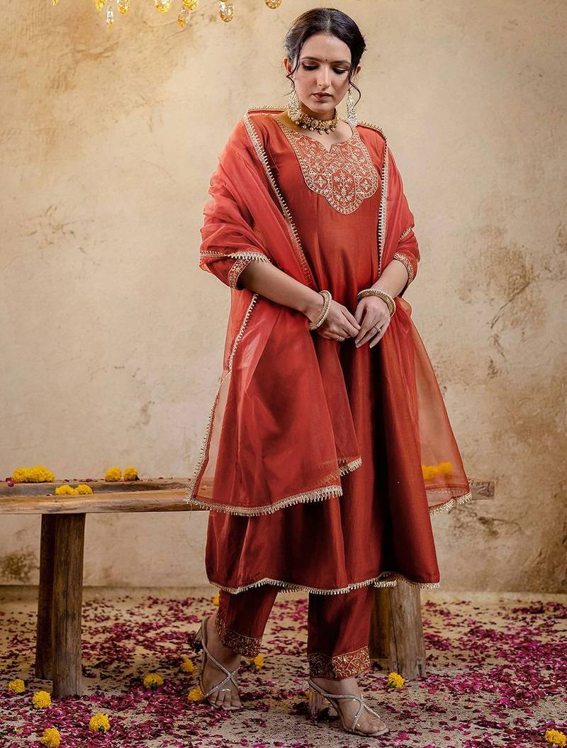 Ethnic Motifs Embroidered Anarkali Sequinned Kurta With Trousers & Dupatta