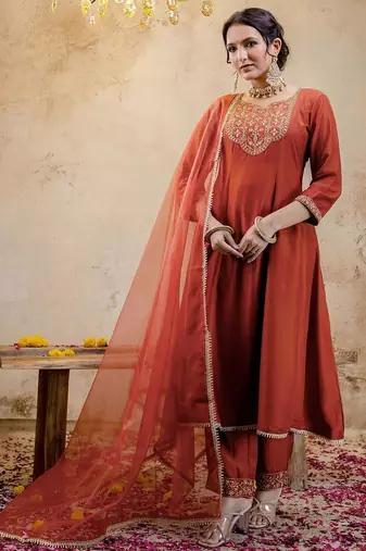Ethnic Motifs Embroidered Anarkali Sequinned Kurta With Trousers & Dupatta