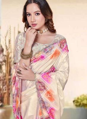 Cream color silk blend bandhni digital printed saree 2