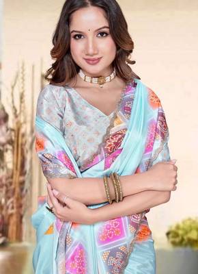 Sky blue color silk blend bandhni digital printed saree 2