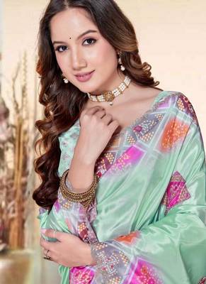 Sea green color silk blend bandhni digital printed saree 2