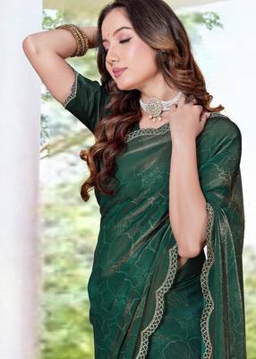 Rama green color fendy satin silk two tone digital printed saree 2