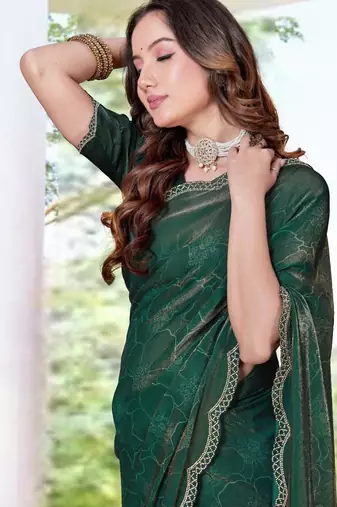 Rama green color fendy satin silk two tone digital printed saree