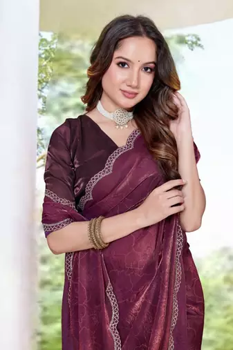 Wine color fendy satin silk two tone digital printed saree