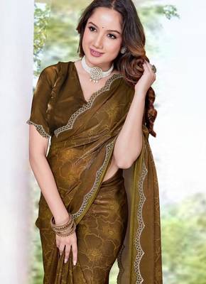 Mustard color fendy satin silk two tone digital printed saree 2