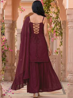 Women Embroidered Regular Thread Work Kurta with Sharara & With Dupatta 2