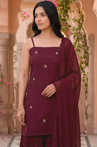 Women Embroidered Regular Thread Work Kurta with Sharara & With Dupatta