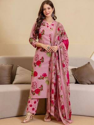 Women Floral Printed Regular Pure Cotton Kurta with Trousers & With Dupatta 1