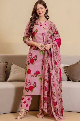 Women Floral Printed Regular Pure Cotton Kurta with Trousers & With Dupatta