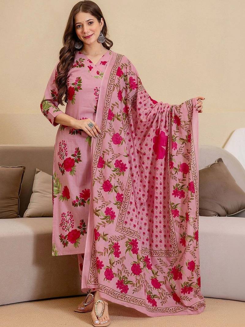 Women Floral Printed Regular Pure Cotton Kurta with Trousers & With Dupatta