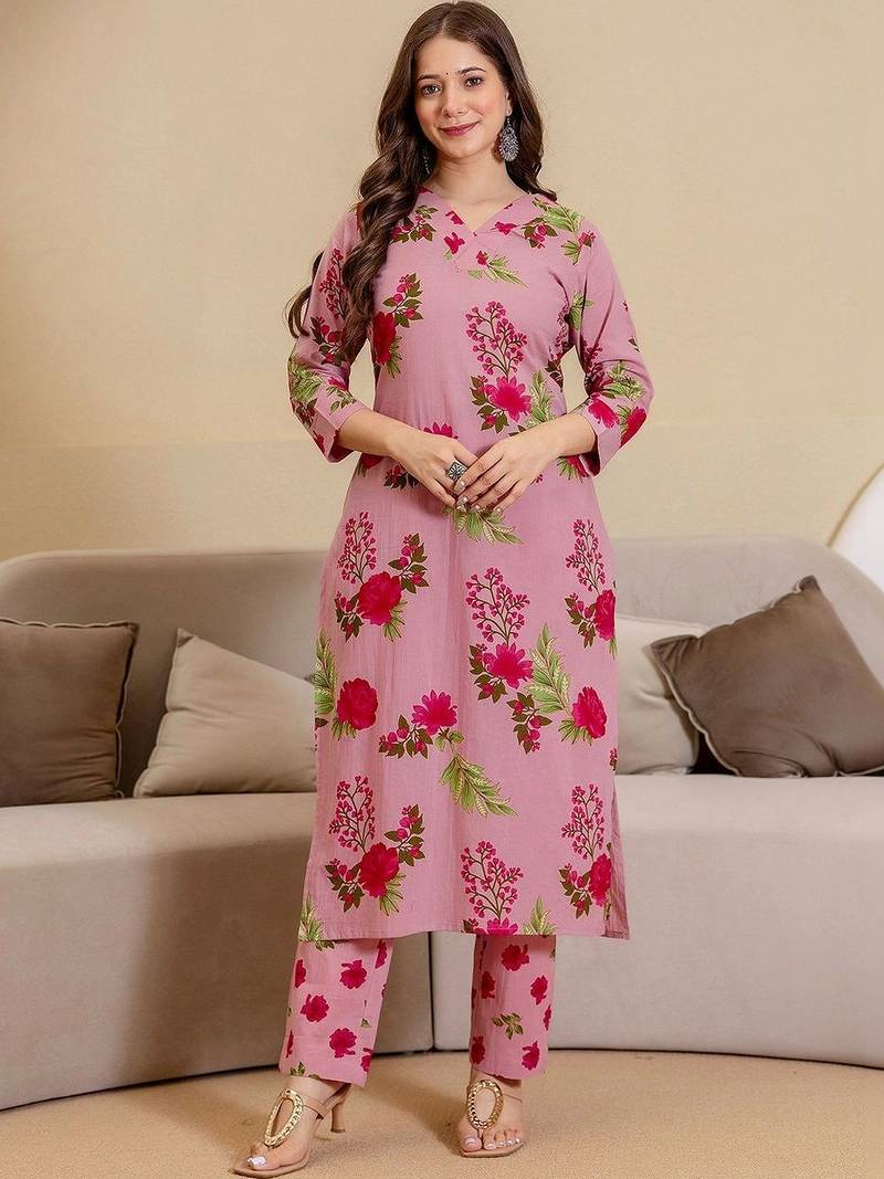 Women Floral Printed Regular Pure Cotton Kurta with Trousers & With Dupatta