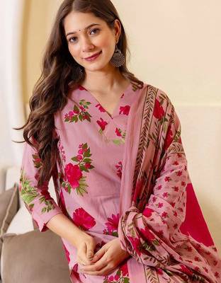 Women Floral Printed Regular Pure Cotton Kurta with Trousers & With Dupatta 6