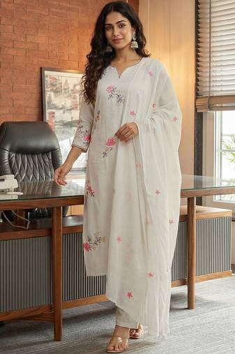 Women White Pure Cotton Embroidered Straight Kurta Palazzos with Dupatta