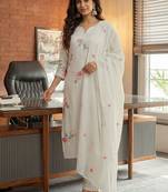 Women White Pure Cotton Embroidered Straight Kurta Palazzos with Dupatta
