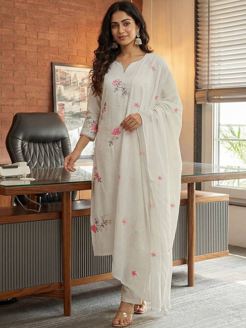 Women White Pure Cotton Embroidered Straight Kurta Palazzos with Dupatta
