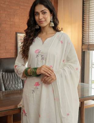 Women White Pure Cotton Embroidered Straight Kurta Palazzos with Dupatta 2