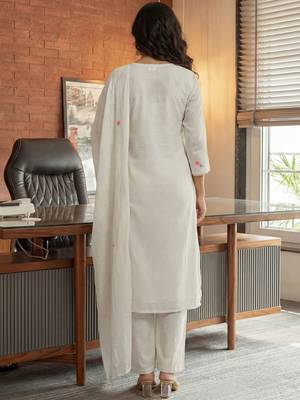 Women White Pure Cotton Embroidered Straight Kurta Palazzos with Dupatta 3
