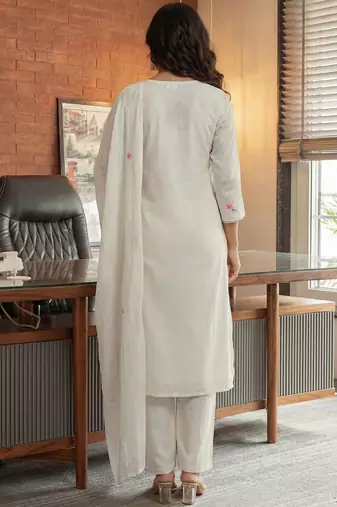 Women White Pure Cotton Embroidered Straight Kurta Palazzos with Dupatta