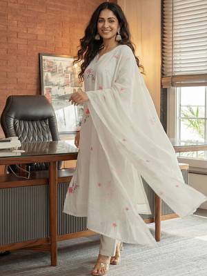Women White Pure Cotton Embroidered Straight Kurta Palazzos with Dupatta 4