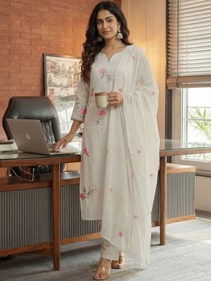 Women White Pure Cotton Embroidered Straight Kurta Palazzos with Dupatta 5