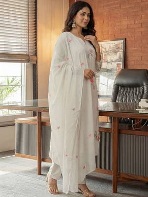 Women White Pure Cotton Embroidered Straight Kurta Palazzos with Dupatta 6