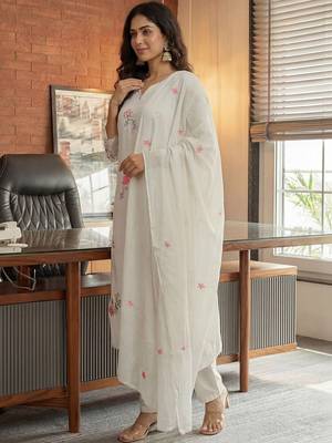 Women White Pure Cotton Embroidered Straight Kurta Palazzos with Dupatta 7