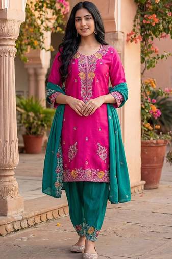Women Floral Embroidered Regular Thread Work Kurta with Patiala & With Dupatta