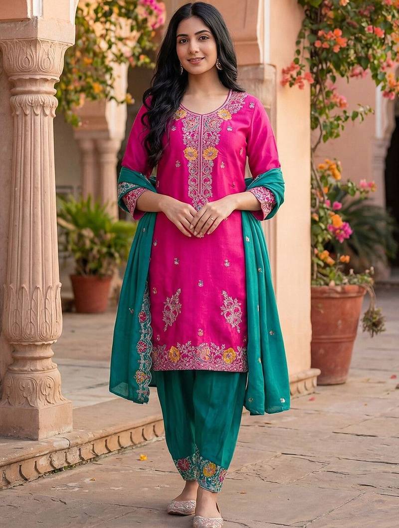 Women Floral Embroidered Regular Thread Work Kurta with Patiala & With Dupatta