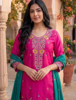 Women Floral Embroidered Regular Thread Work Kurta with Patiala & With Dupatta 2