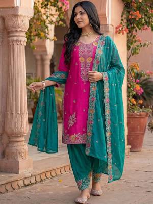 Women Floral Embroidered Regular Thread Work Kurta with Patiala & With Dupatta 5