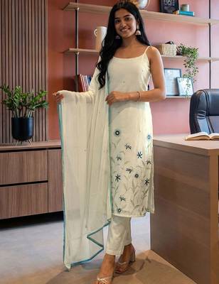 Women Off White Pure Cotton Embroidered Straight Kurta Trousers with Dupatta 1