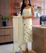 Women Off White Pure Cotton Embroidered Straight Kurta Trousers with Dupatta