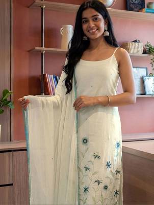 Women Off White Pure Cotton Embroidered Straight Kurta Trousers with Dupatta 2