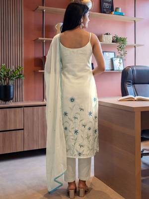 Women Off White Pure Cotton Embroidered Straight Kurta Trousers with Dupatta 3
