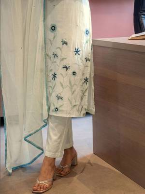 Women Off White Pure Cotton Embroidered Straight Kurta Trousers with Dupatta 4