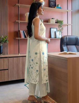 Women Off White Pure Cotton Embroidered Straight Kurta Trousers with Dupatta 6