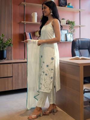 Women Off White Pure Cotton Embroidered Straight Kurta Trousers with Dupatta 7