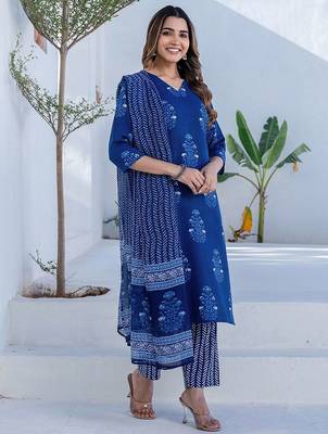 Floral Printed V-Neck Straight Kurta With Trousers & Dupatta 1