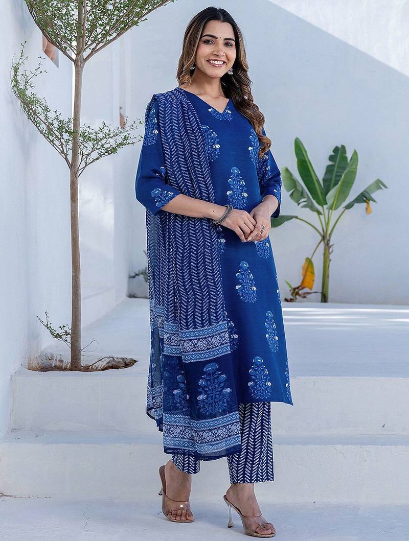 Floral Printed V-Neck Straight Kurta With Trousers & Dupatta