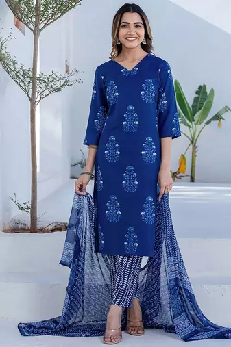Floral Printed V-Neck Straight Kurta With Trousers & Dupatta