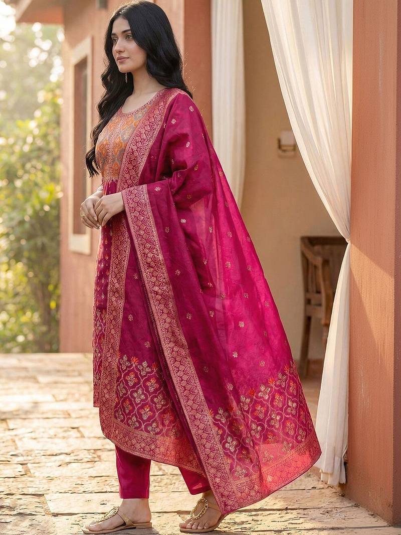 Women Ethnic Motifs Regular Kurta with Trousers & With Dupatta