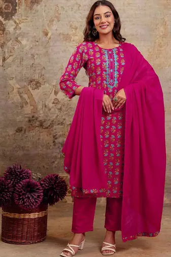 Women Floral Printed Mirror Work Kurta with Trousers & Dupatta
