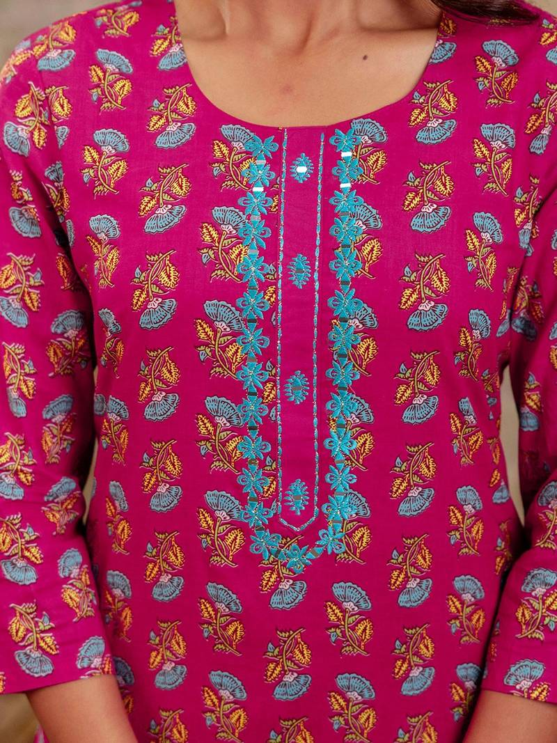 Women Floral Printed Mirror Work Kurta with Trousers & Dupatta
