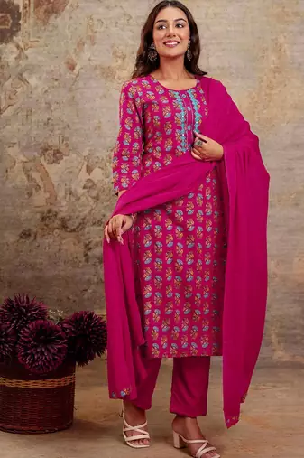 Women Floral Printed Mirror Work Kurta with Trousers & Dupatta