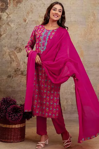 Women Floral Printed Mirror Work Kurta with Trousers & Dupatta