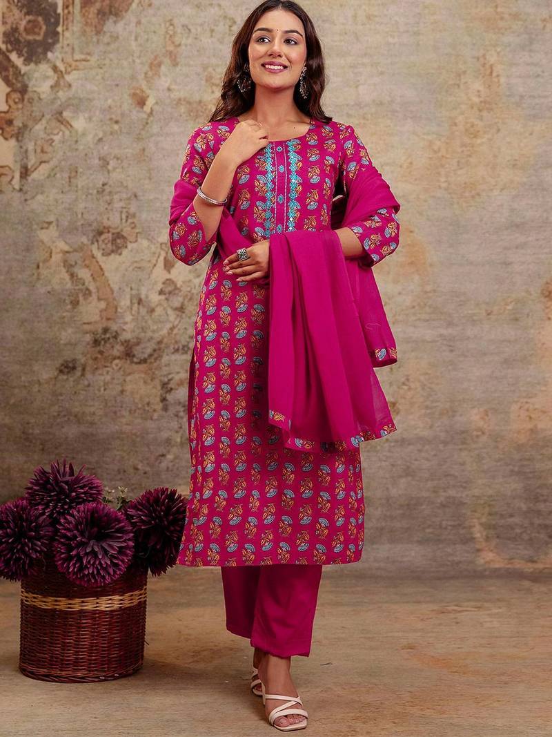 Women Floral Printed Mirror Work Kurta with Trousers & Dupatta