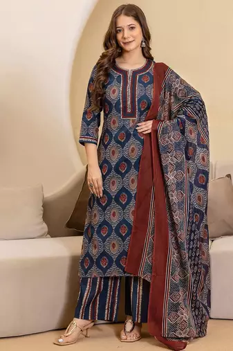 Women Geometric Printed Kurta with Palazzos & Dupatta
