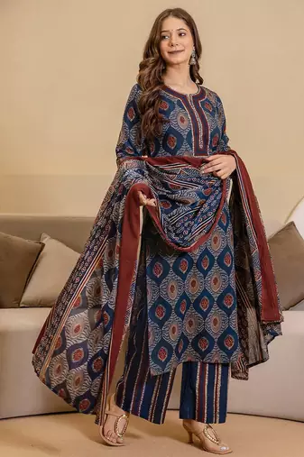 Women Geometric Printed Kurta with Palazzos & Dupatta