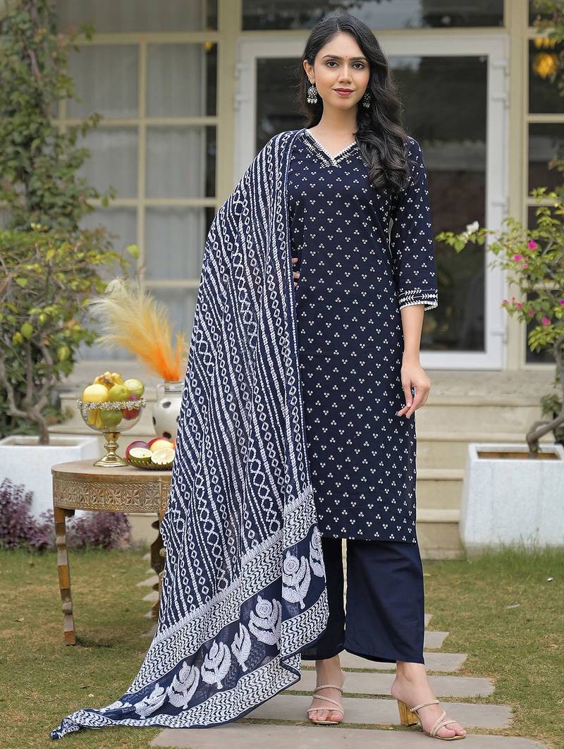 Women Ethnic Motifs Printed Regular Thread Work Kurta with Palazzos & With Dupatta