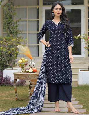 Women Ethnic Motifs Printed Regular Thread Work Kurta with Palazzos & With Dupatta 4
